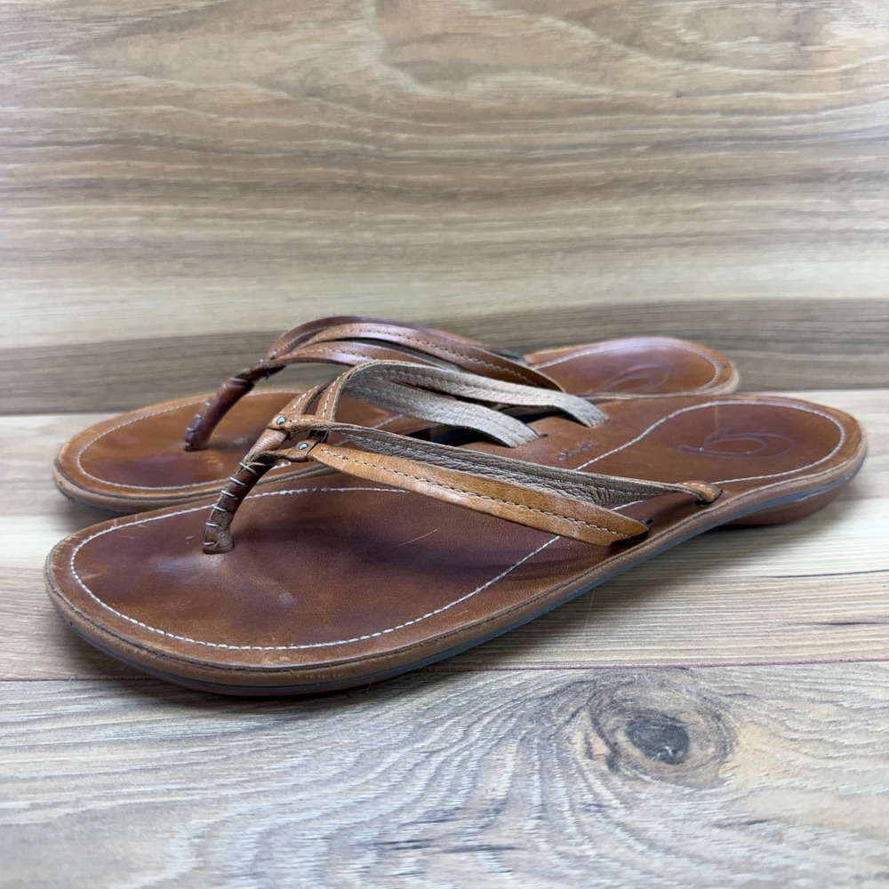 Olukai Kapehe Luana Flip Flops Womens 11 Cognac Leather Thong Sandals - Picture 1 of 10